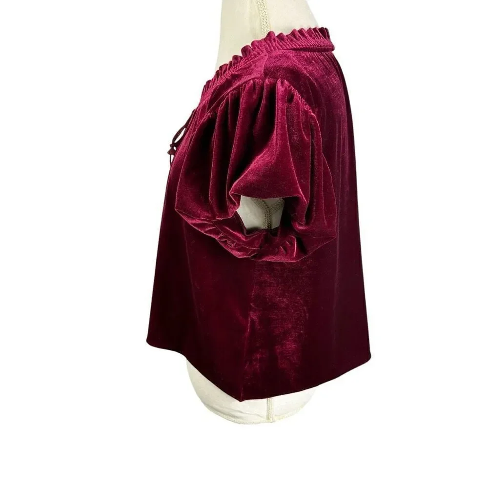 Free People Terese Garnet Red Velvet Short Puff Sleeve Top Boho Fall Size M